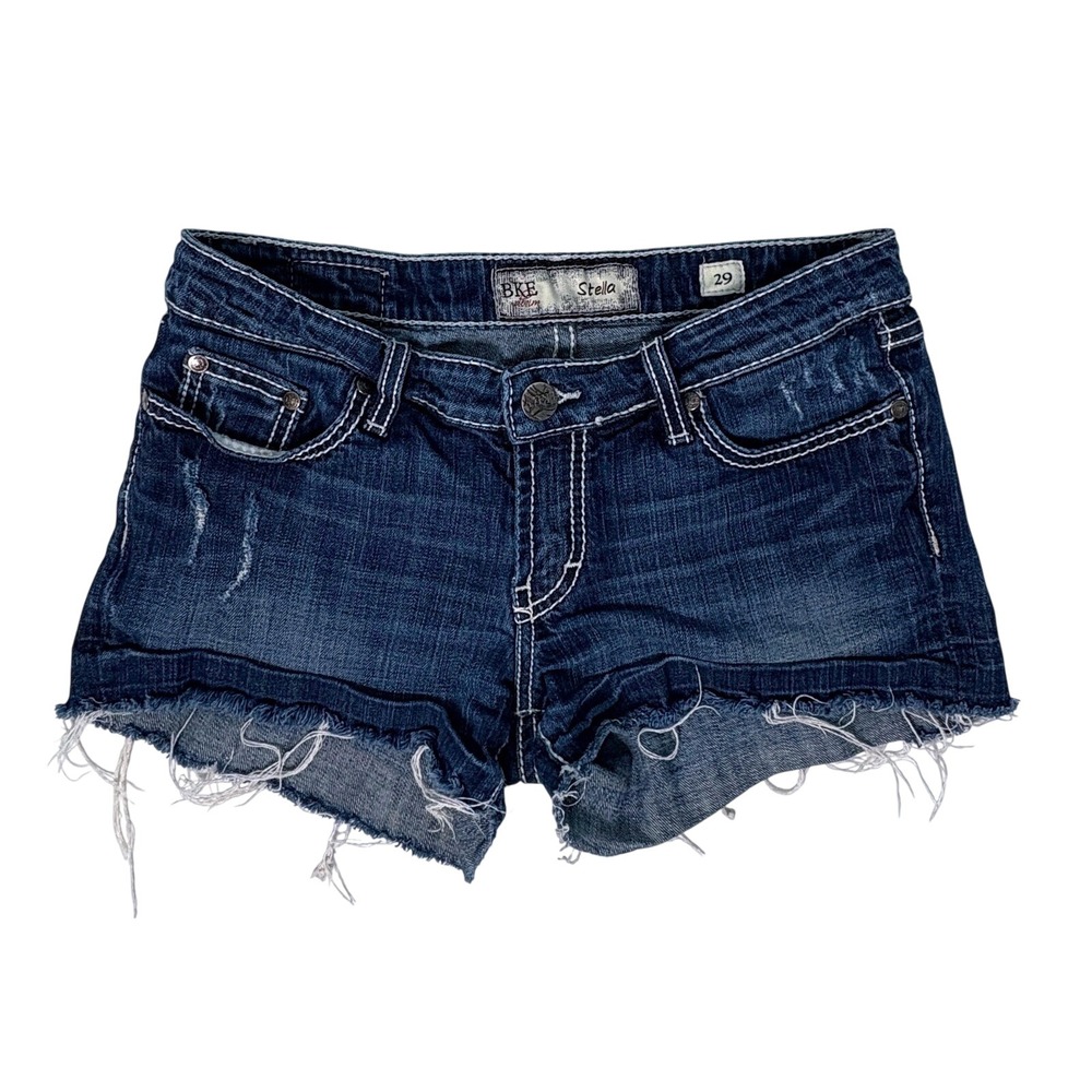Y2K BKE 29 Stella Denim Shorts Womens Dark Wash Raw Hem Contrast Stitch